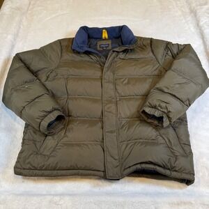 Lands End Mens XL Olive Green Down Puffer Jacket Quilted Full Zip Hooded Coat